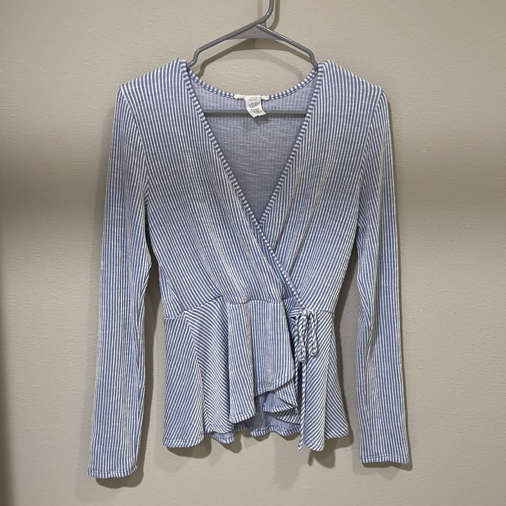 Blue and White Striped Wrap Top